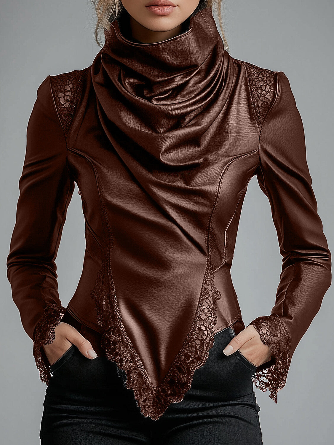 Ursiime High Neck Lace Trim Long Sleeve PU Leather Blouse