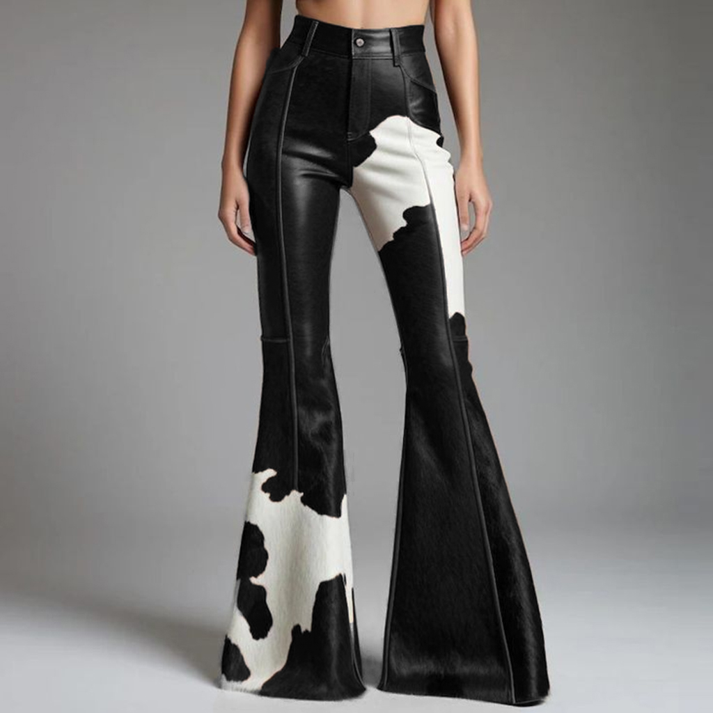 Western Cow Pattern PU Leather High Waist Bell Bottom Pants