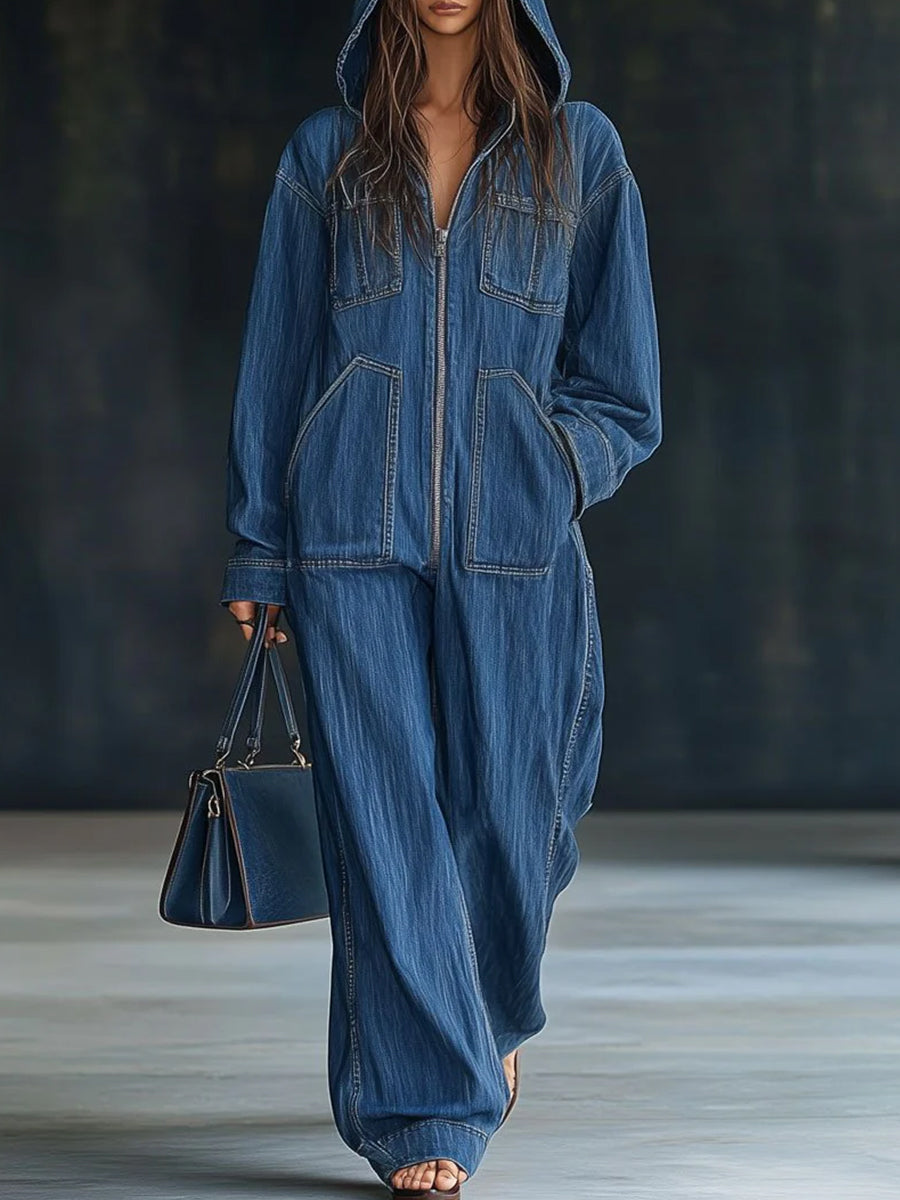 Ursiime Daily Blue Hooded Long Sleeve Pocket Vintage Zipper Denim Jumpsuits