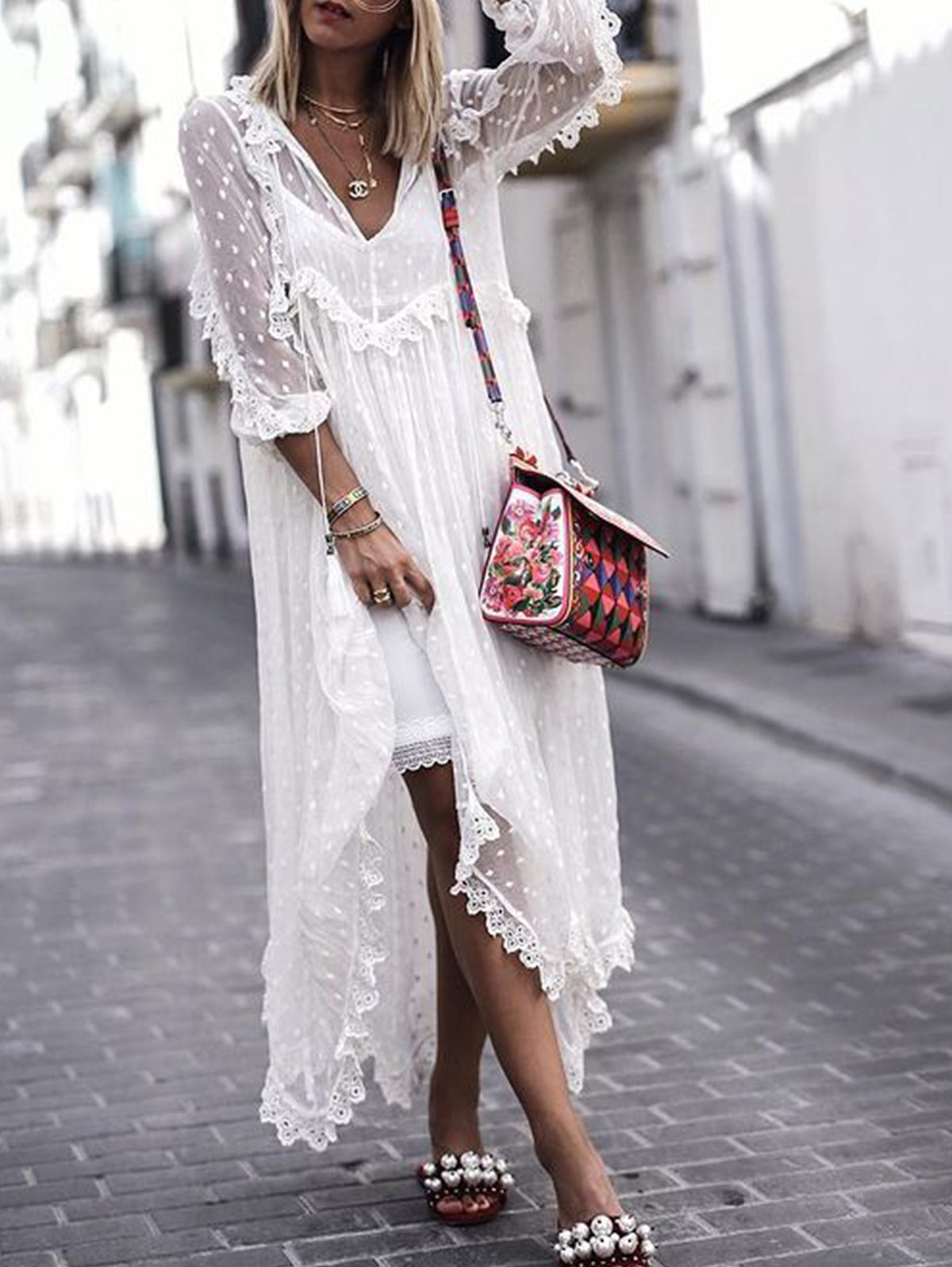 Polka Dot Jacquard See-through V Neck Maxi Dress