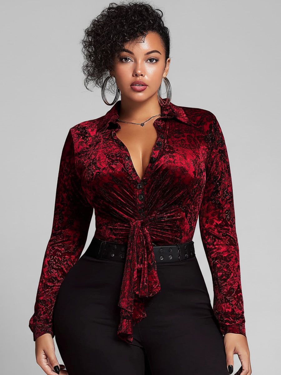 Ursiime Daily Burgundy Shirt Collar Long Sleeve Wrap Casual Button Short Velvet Blouses