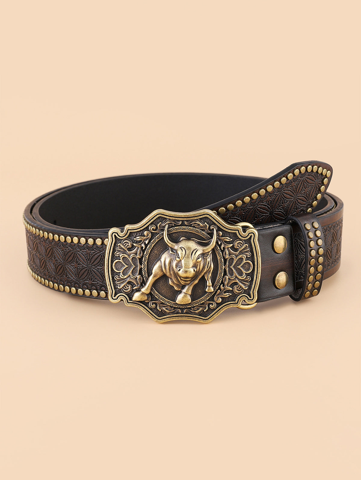 Western Metal Bull Head Beaded Embossed PU Leather Belt
