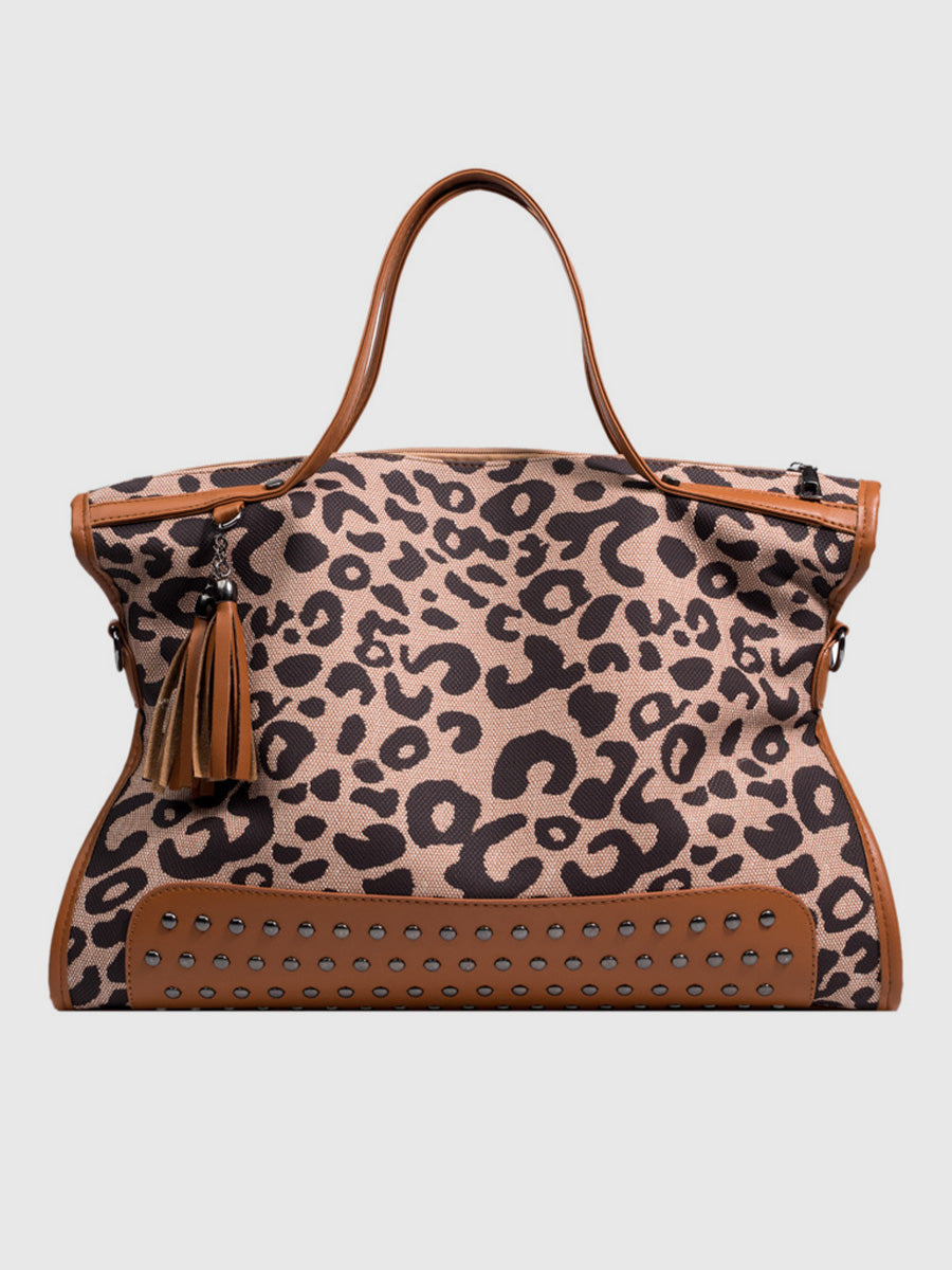 Casual Brown Leopard Print PU Leather Trim Studded Shoulder Bags