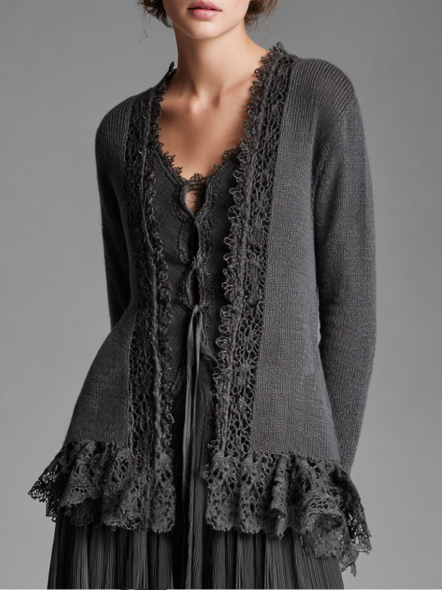 Ursiime Daily Grey Long Sleeve Ruffle Casual Contrast Cardigans [Pre-Order]