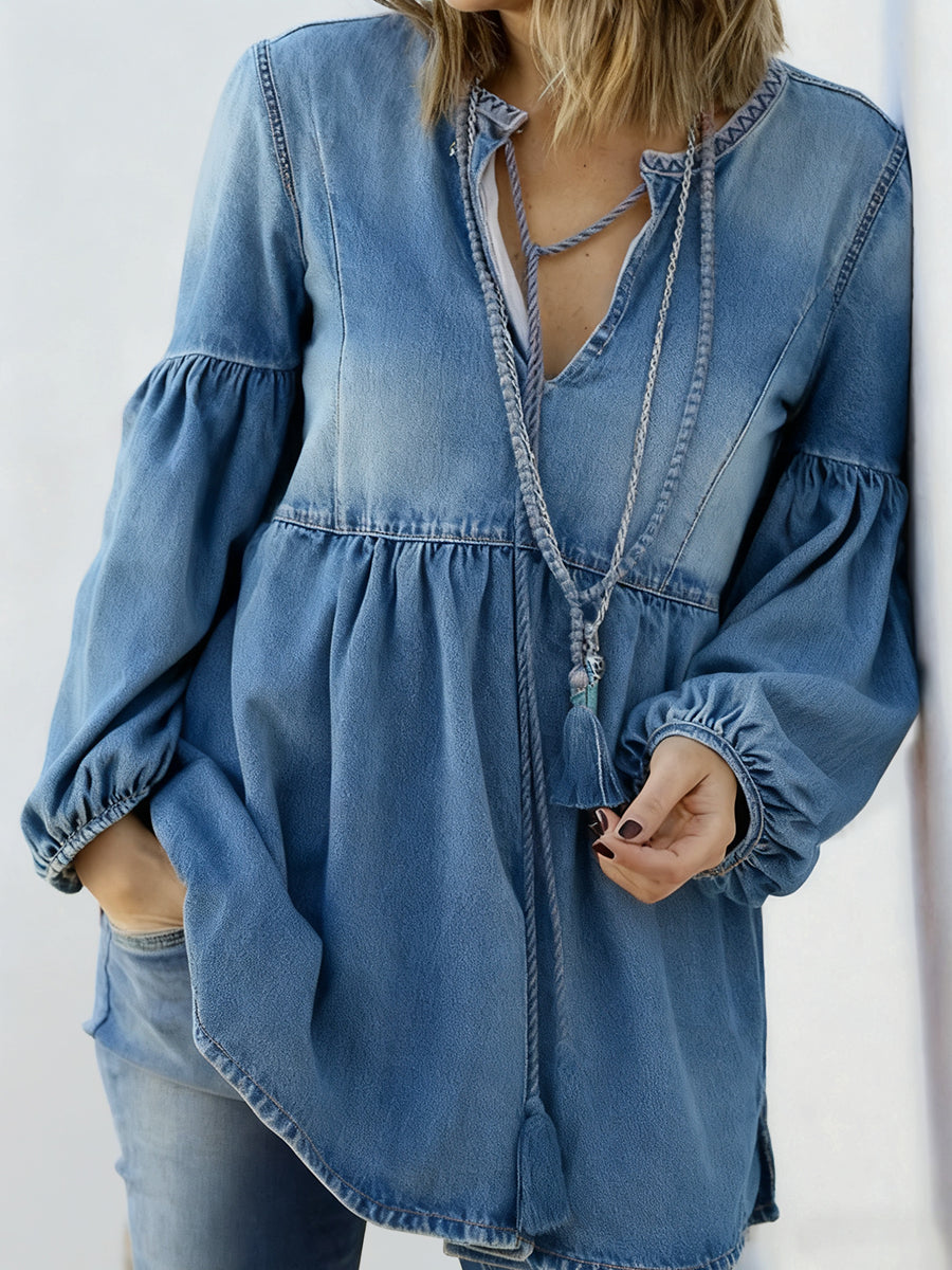 Ursiime Daily Blue V Neck Lantern Sleeve Long Sleeve Ruffled Casual Denim Blouses [Pre-Order]