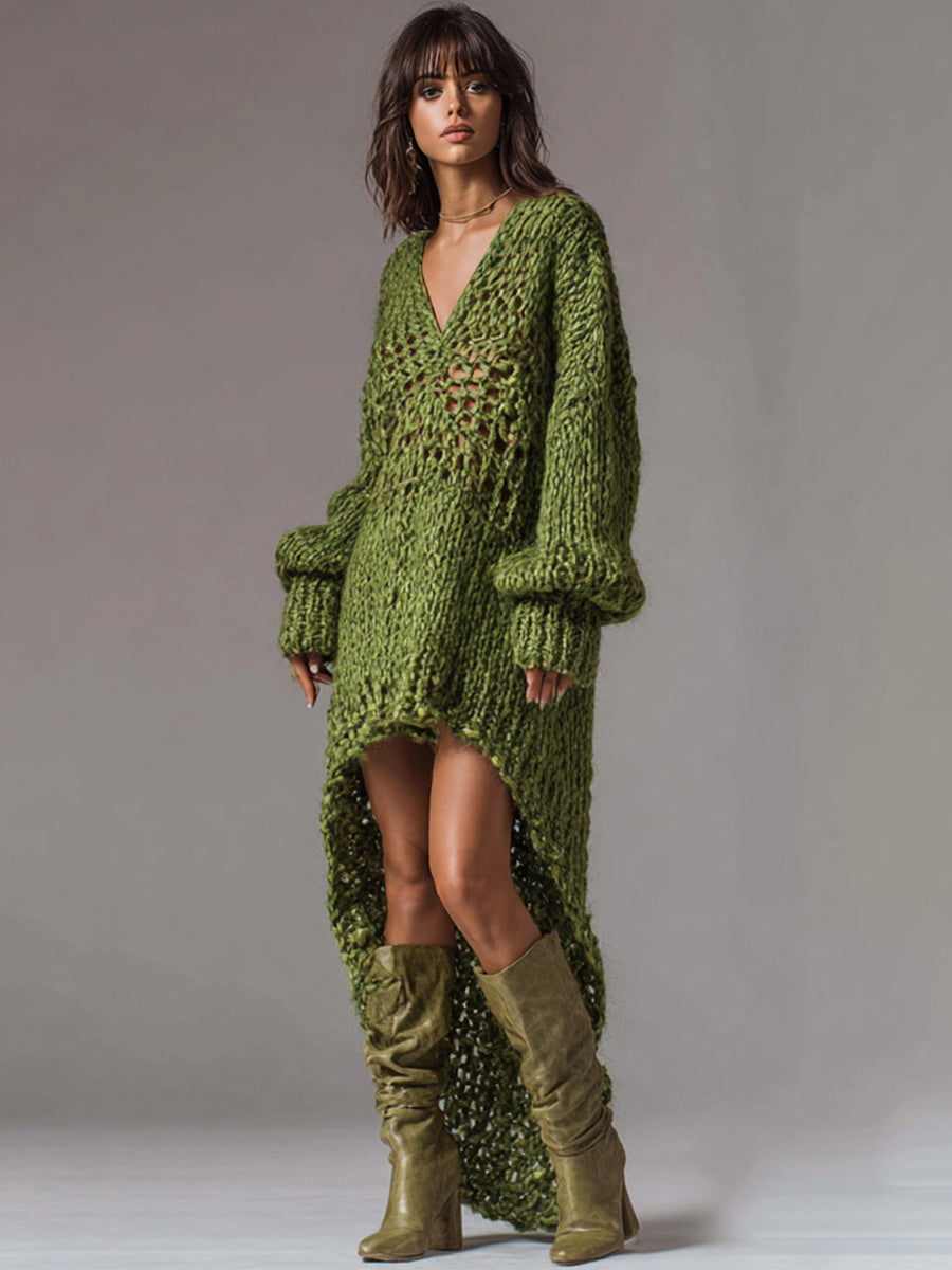 Ursiime Party Army Green V Neck Long Sleeve Asymmetric Hem Western Rib Knit Mini Dresses [Pre-Order]