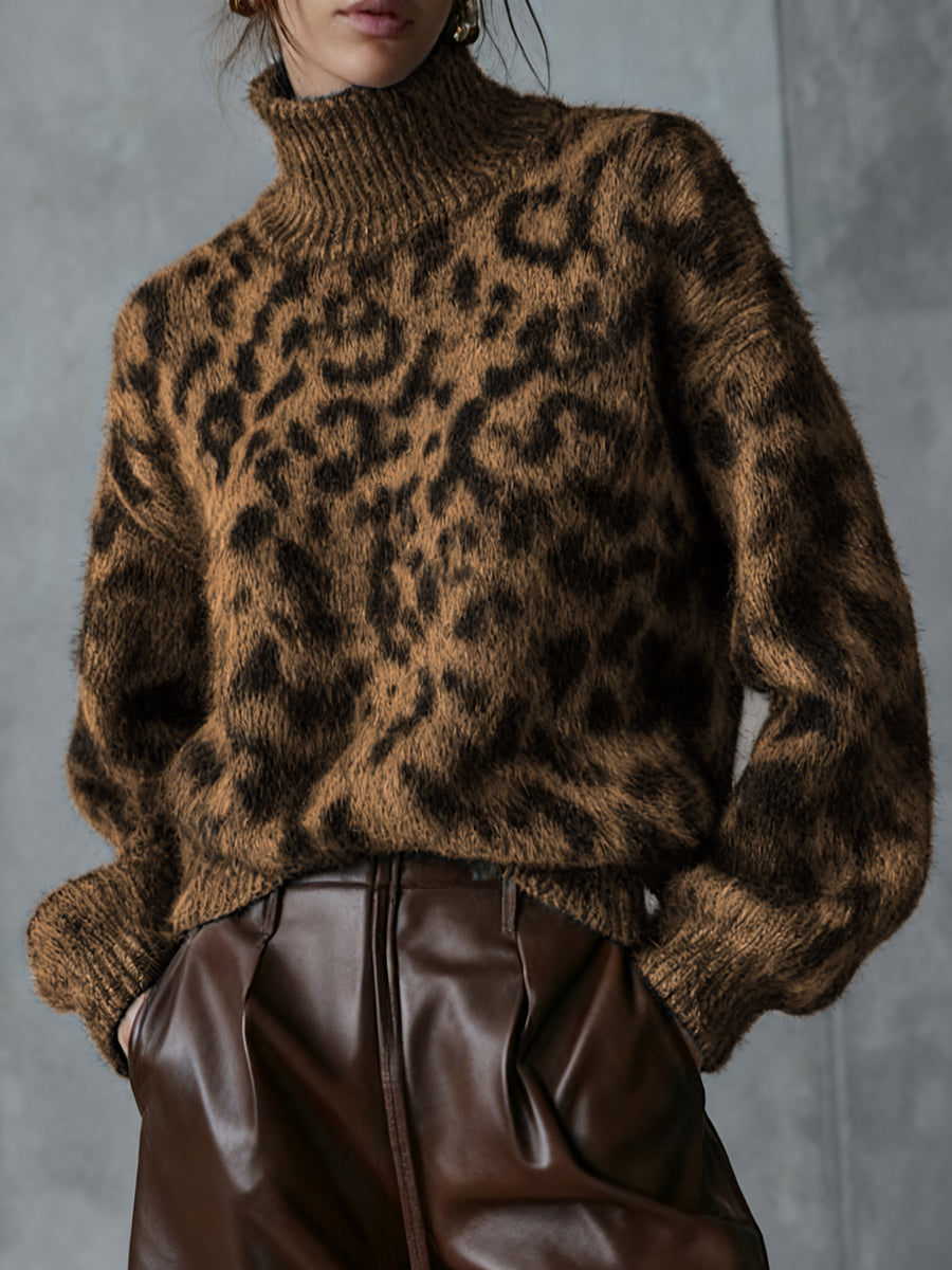 Ursiime Daily Blue Leopard High Collar Long Sleeve Casual Sweaters [Pre-Order]
