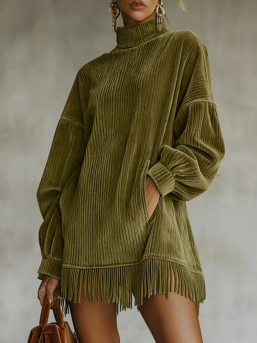 Ursiime Daily Brown High Collar Lantern Sleeve Long Sleeve Strappy Vintage Pocket Corduroy Mini Dresses [Pre-Order]