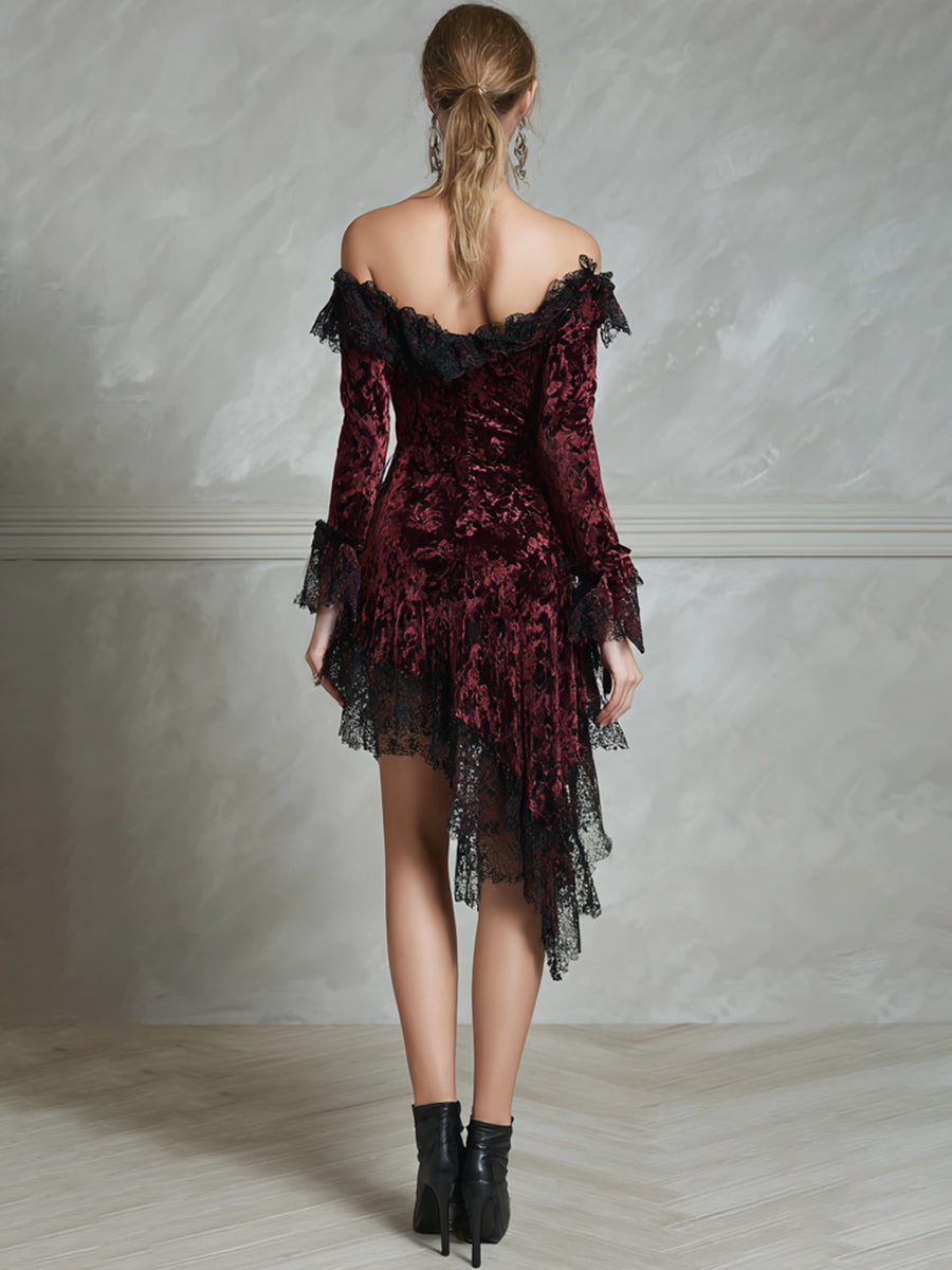 Ursiime Party Lace Burgundy Off The Shoulder Long Sleeve Contrast Velvet Blouses