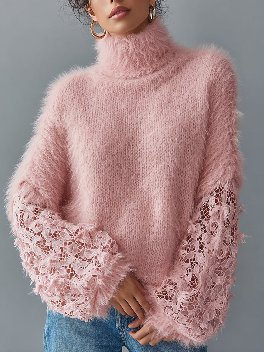 Ursiime Daily Pink High Collar Lantern Sleeve Long Sleeve Trimmings Casual Lace Sweaters