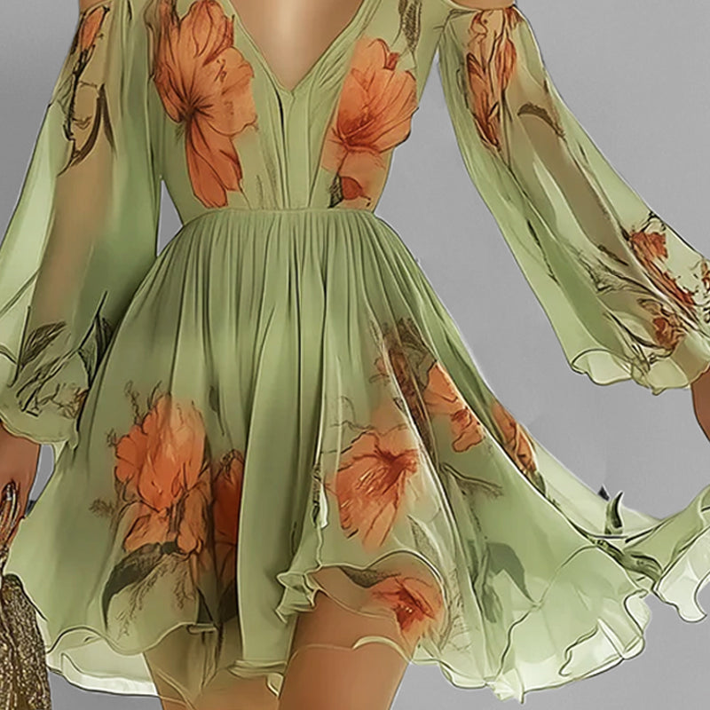 Casual Cold Shoulder V Neck Flutter Sleeve Floral Mini Dress