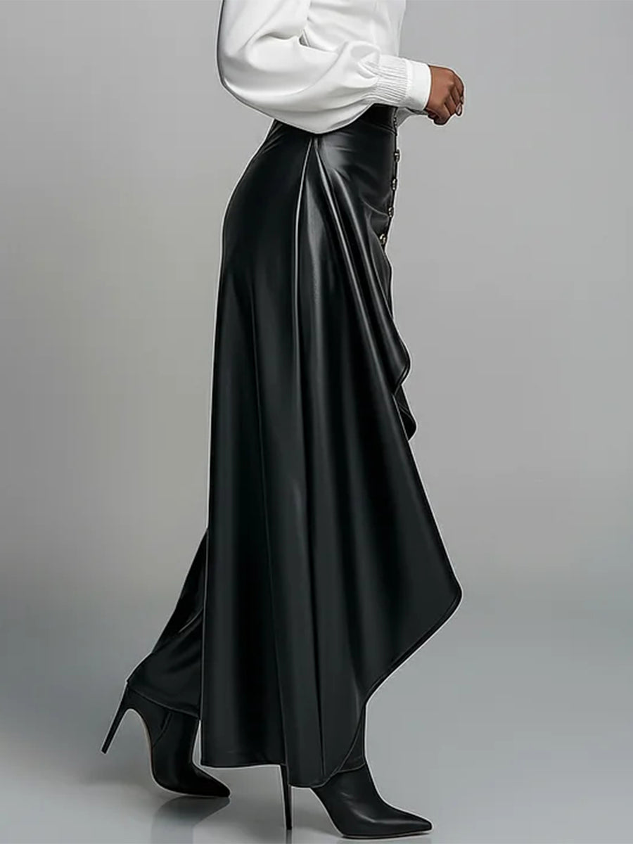 Ursime Daily Black Irregular Hem Casual Ruffle PU Leather Pants [Pre-Order]