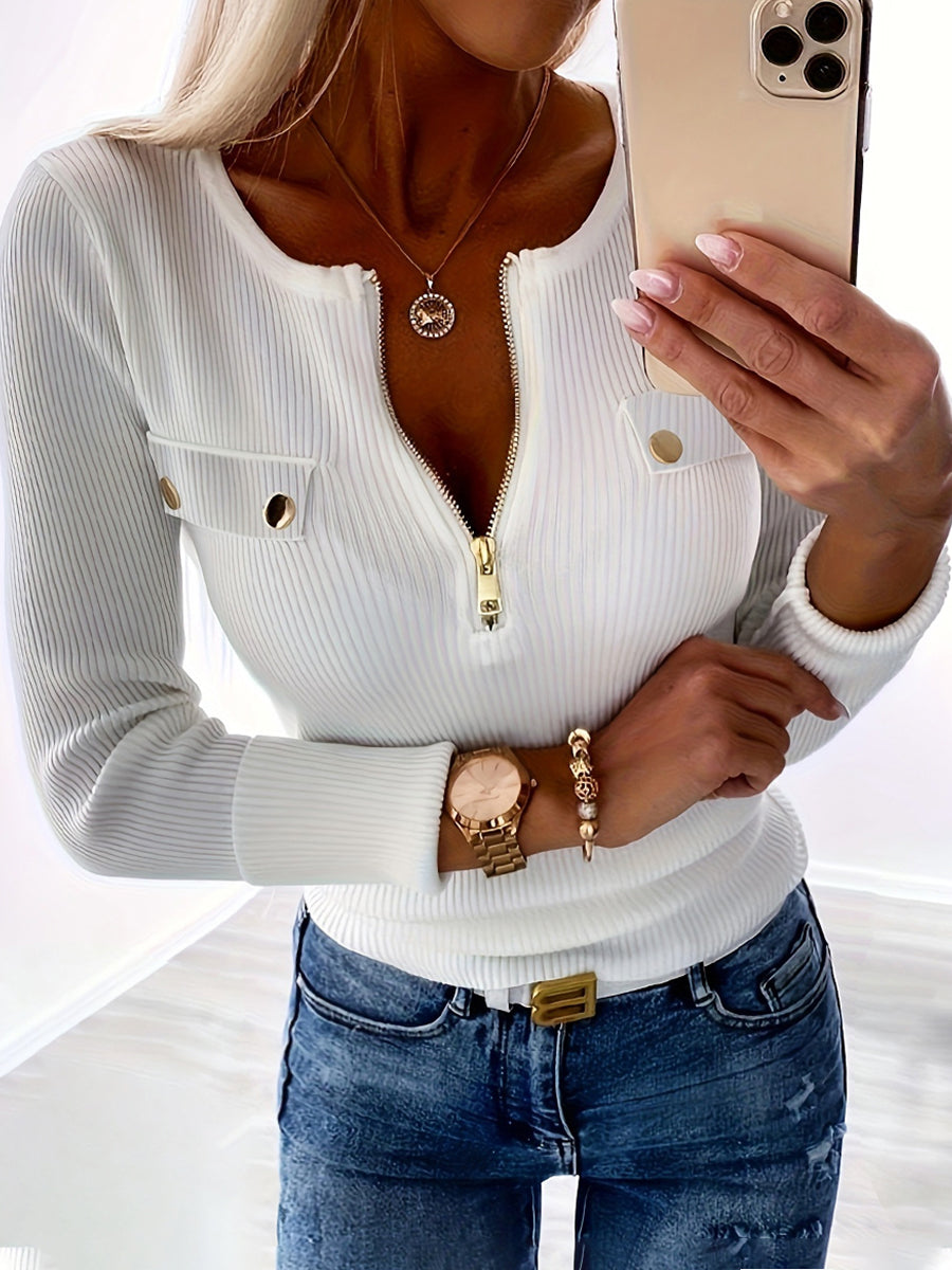 Casual White Ribbed Knit Half-Zip Button Decor Long Sleeve Top