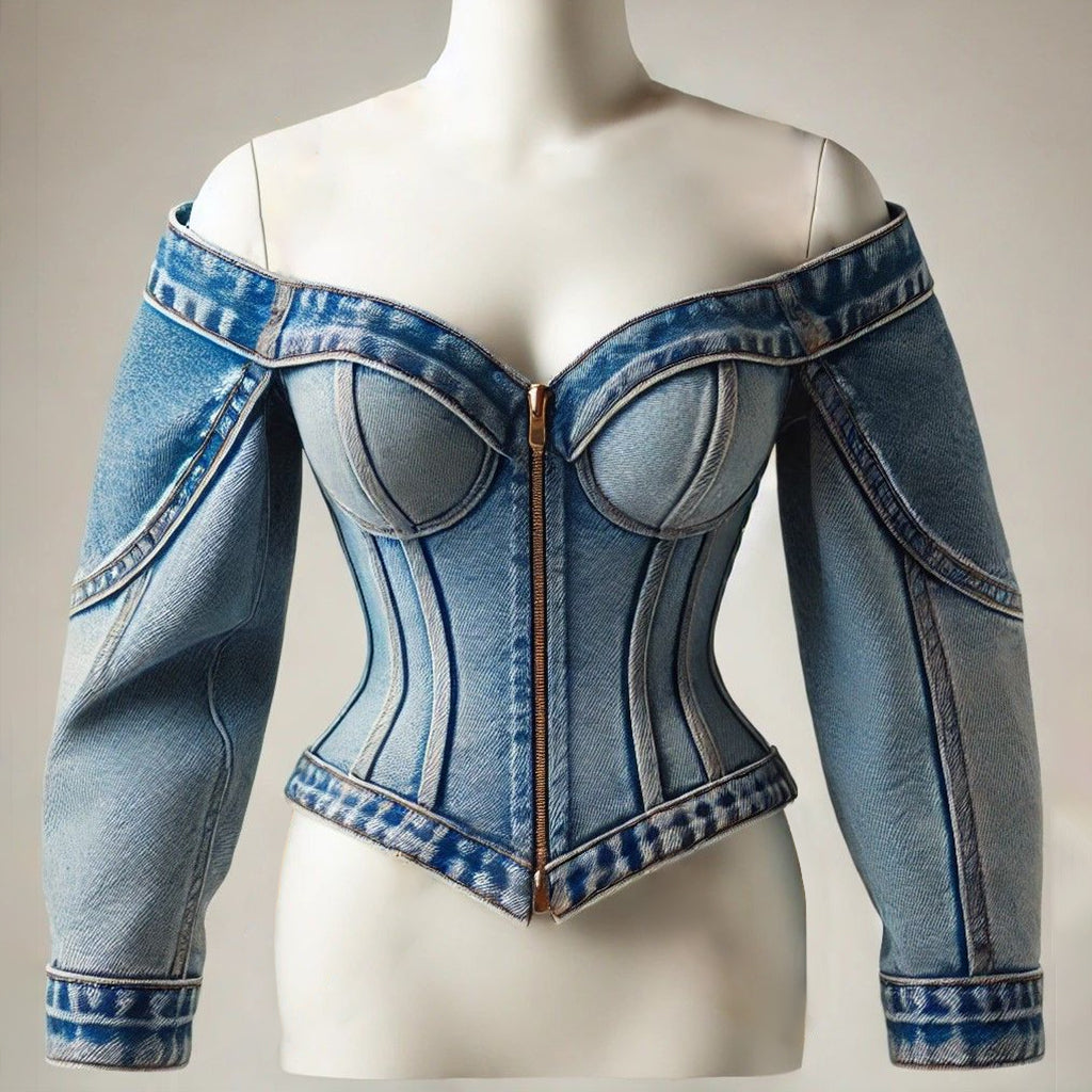 Ursiime Denim Off The Shoulder Zip Up Long Sleeve Blouse