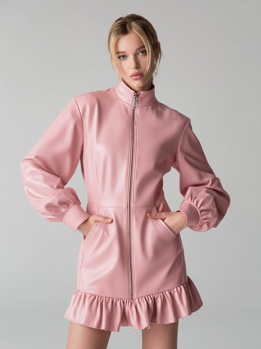 Ursiime Daily Pink High Collar Lantern Sleeve Long Sleeve Ruffle Casual Pocket PU Leather Mini Dresses