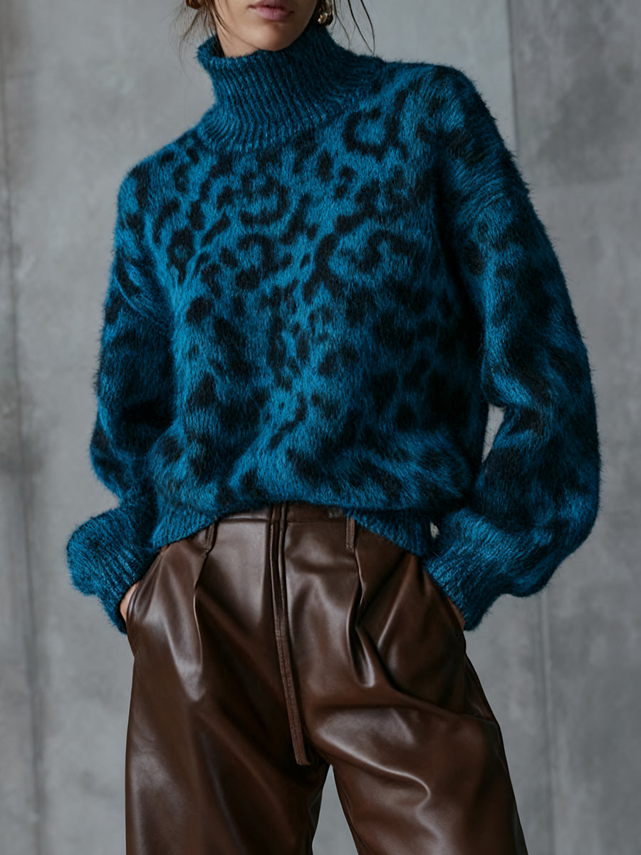 Ursiime Daily Blue Leopard High Collar Long Sleeve Casual Sweaters [Pre-Order]