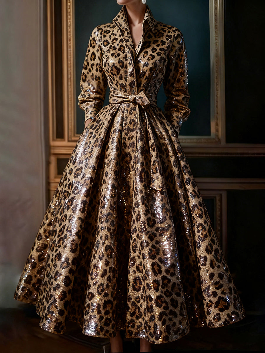 Ursiime Party Metallic Brown Leopard Stand-Up Collar Long Sleeve Pocket Casual Lace Up Sequin Maxi Dresses [Pre-Order]