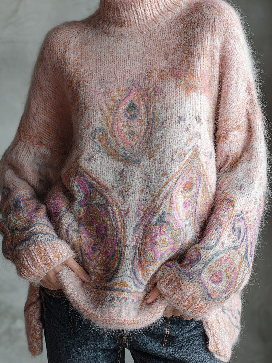 Ursiime Daily Pink Paisley High Collar Long Sleeve Trimmings Vintage Mohair Sweaters [Pre-Order]