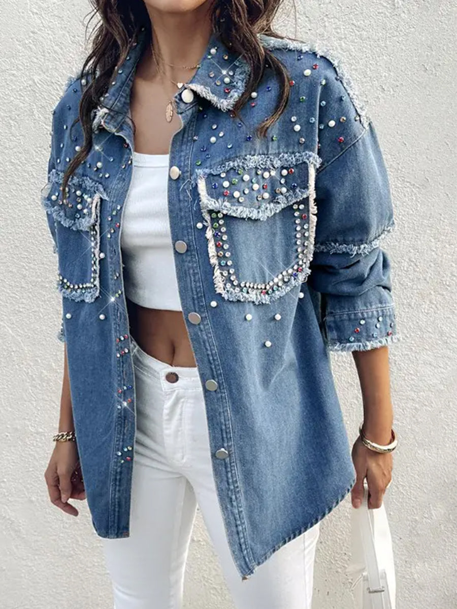 Casual Blue Denim Rhinestone Beaded Raw Edge Flap Pocket Long Sleeve Jacket
