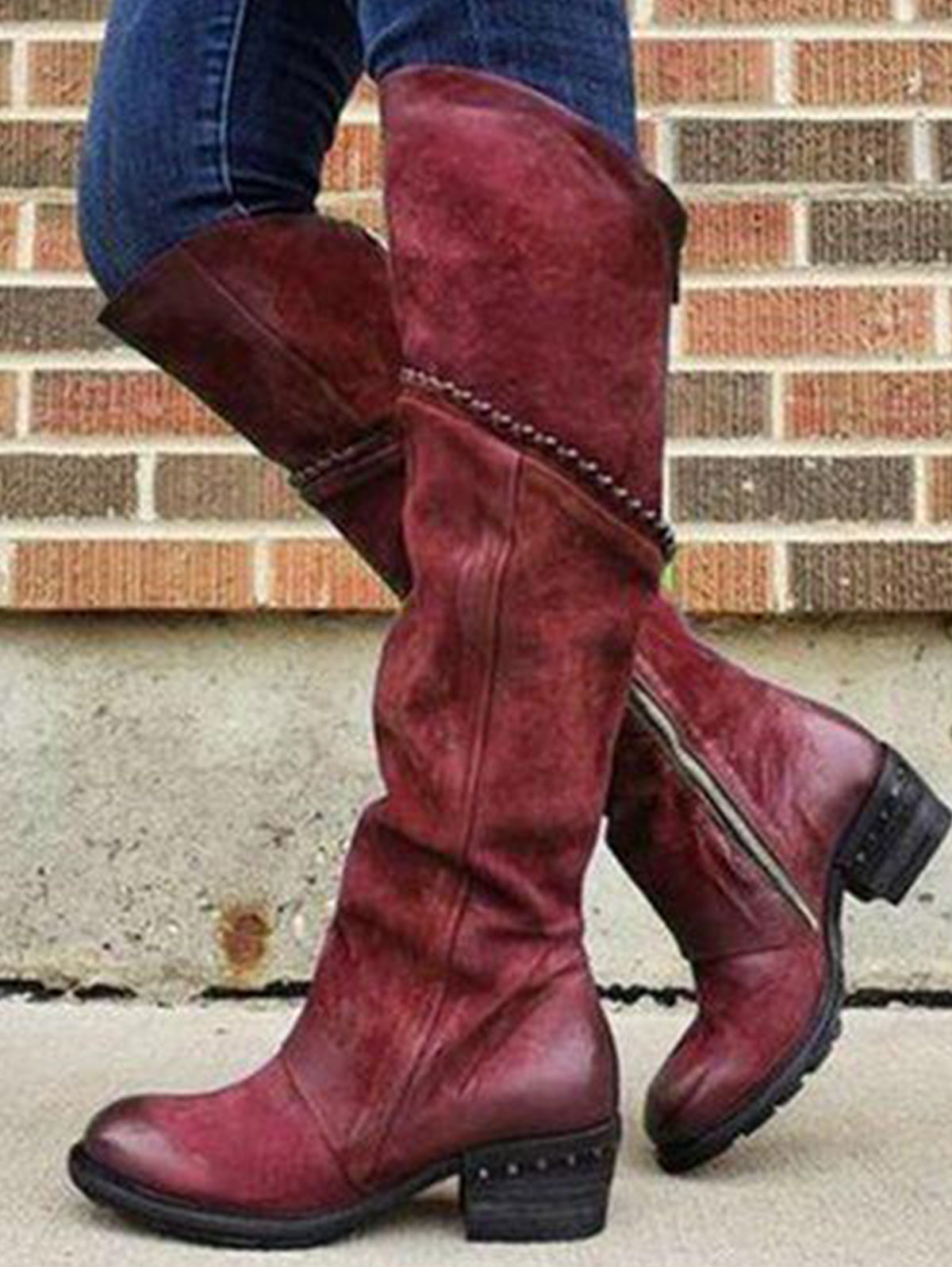 Vintage Solid V Groove Zipper Round Toe Knee High Boot