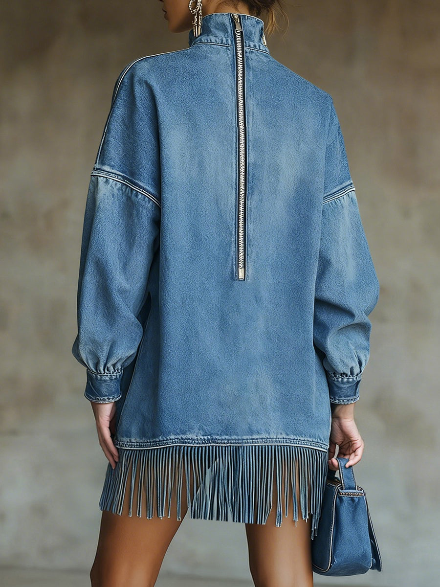 Ursime Blue Denim High Neck Lantern Sleeve Pocket Fringe Hem Mini Dress