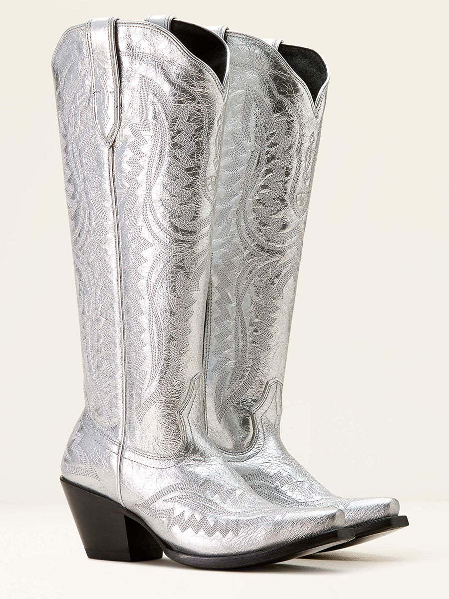 Western Yellow Brown PU Leather Leaf Stitched Patterns Pointed Toe Chunky Heel Boots