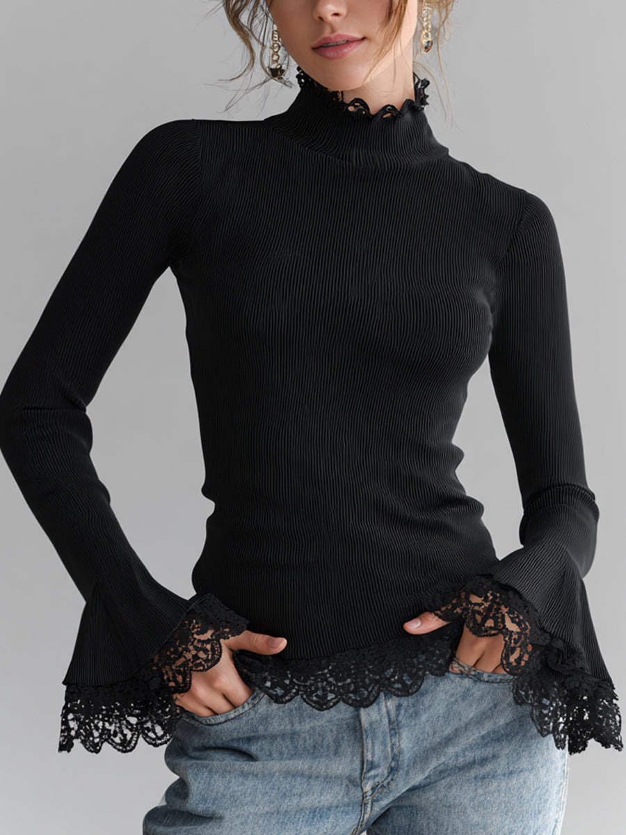 Ursiime Daily Lace Black Patchwork Mock Neck Flare Long Sleeve Contrast Casual Knitted Sweaters