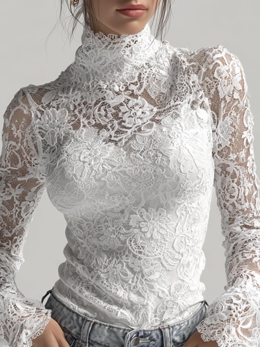 Ursiime White Sheer Lace High Neck Flare Sleeves Top & Camisole 2Pcs Set