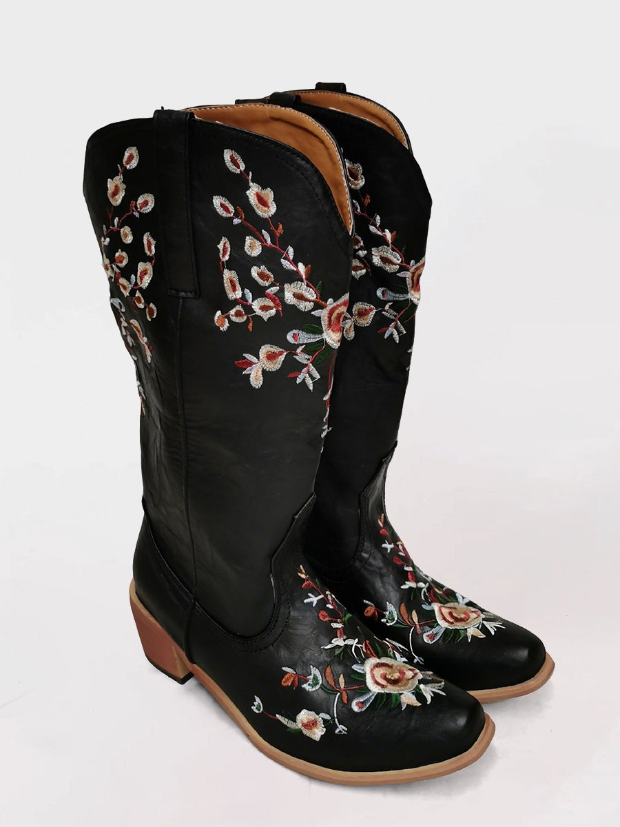 Western Brown PU Leather Floral Embroidery Square Toe Boots