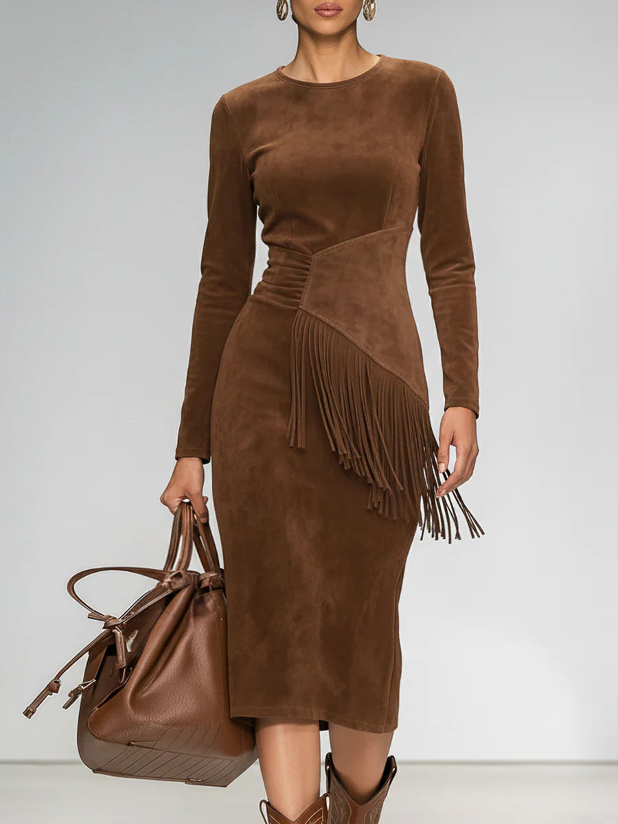 Ursiime Business Casual Brown Round Neck Long Sleeve Strappy Casual Midi Dresses
