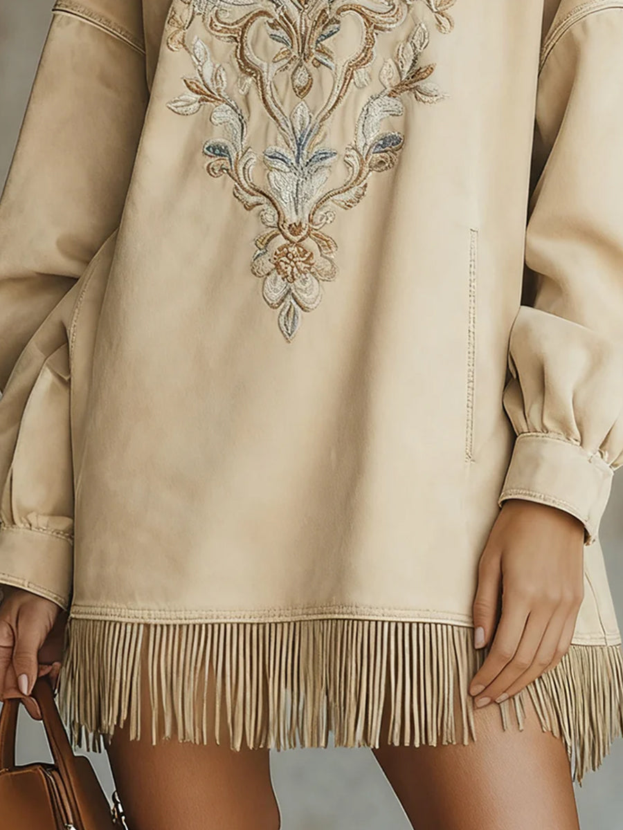 Ursiime Festival Beige High Collar Long Sleeve Embroidery Western Pocket Chamois Mini Dresses