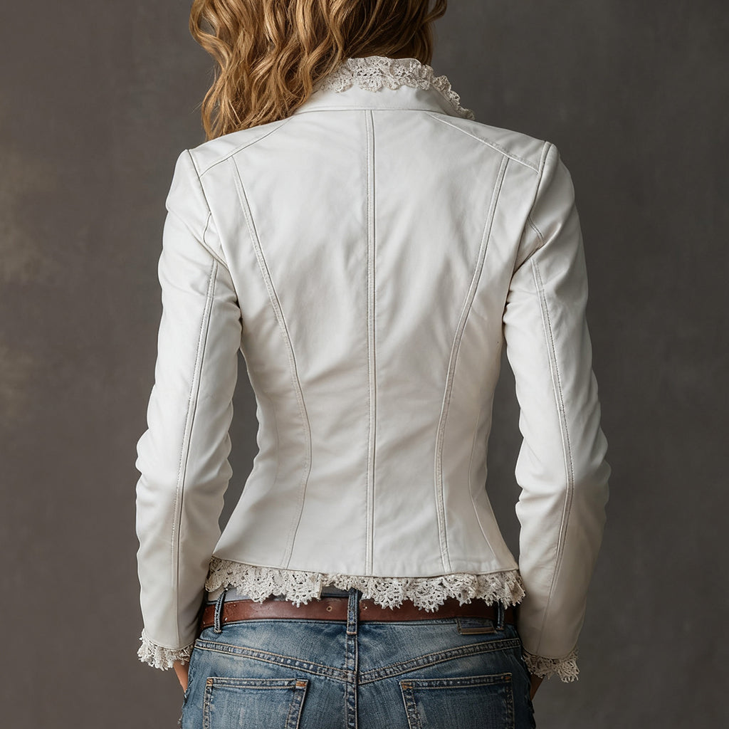 Ursiime Turndown Collar Long Sleeve Lace Trim Zipper PU Jacket