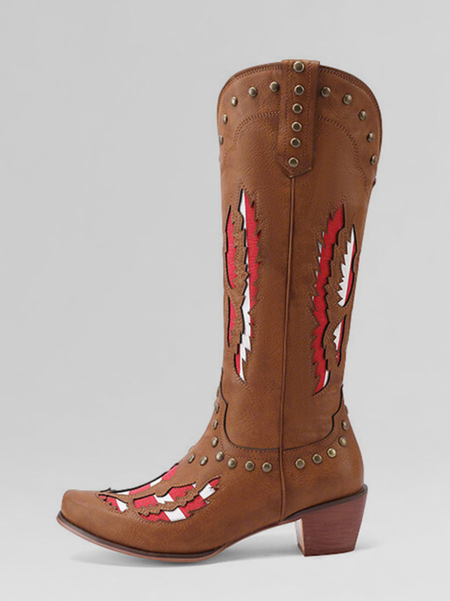 Western Apricot PU Leather Colorblock Studded Pointed Toe Cowboy Boots