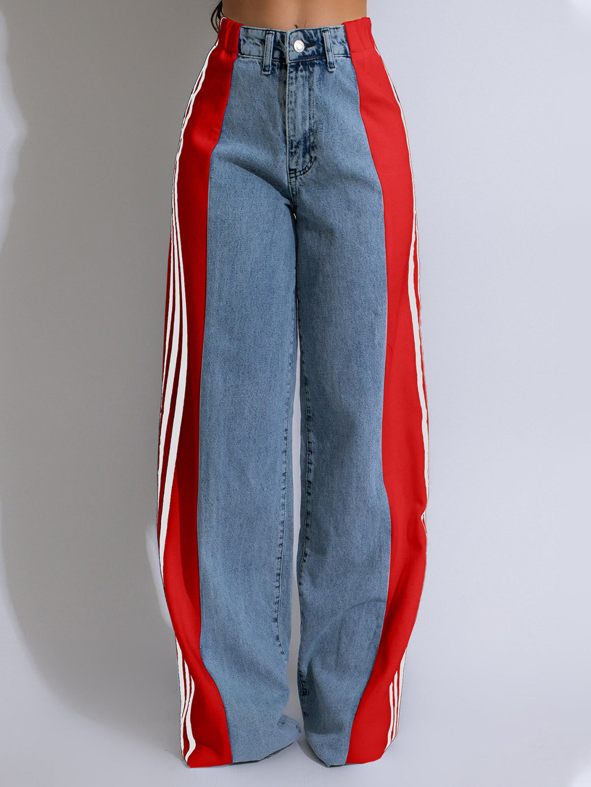 Fashion Stripe Patchwork High Rise Straight Leg Denim Jeans