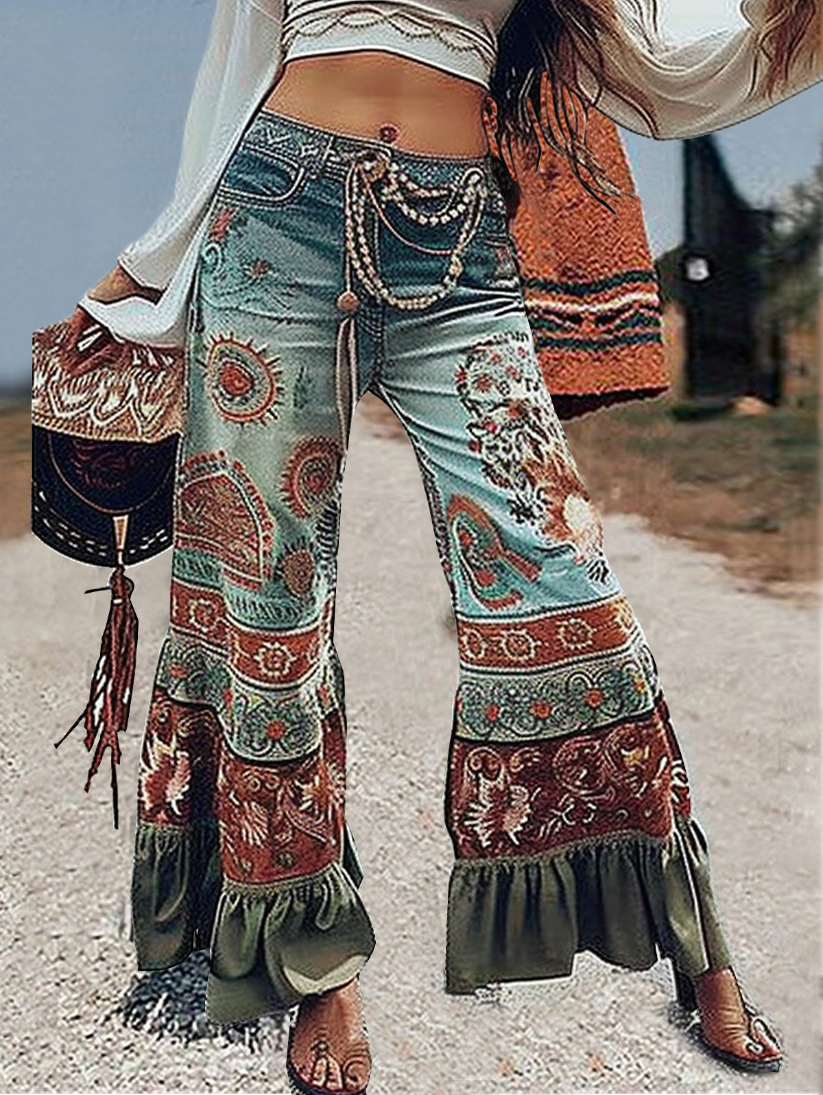 Ursiime Boho Print Ruffle Hem Flare Pants