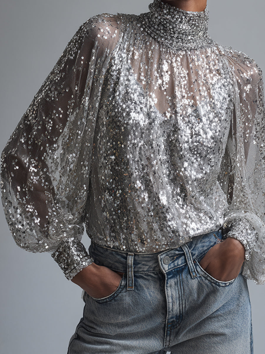 Ursiime Evening Gowns Glitter Silver High Collar Lantern Sleeve Long Sleeve Sequin Elegant Blouses