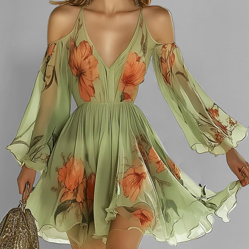 Casual Cold Shoulder V Neck Flutter Sleeve Floral Mini Dress