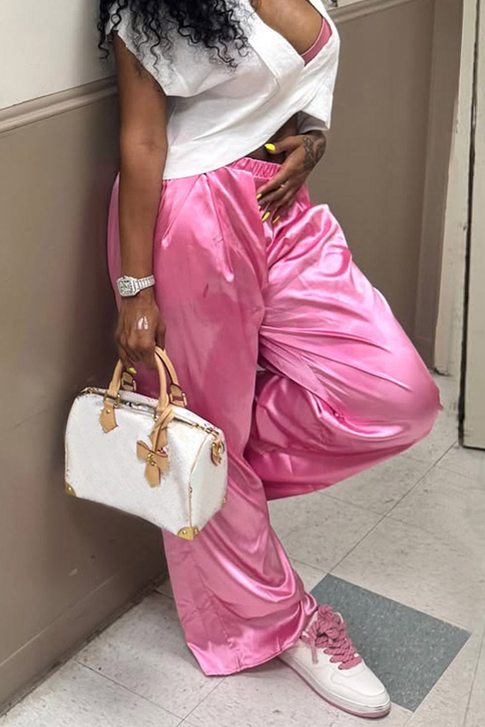 Ursiime Design Daily Pink Wide Leg Casual Satin Pants [Pre-Order]