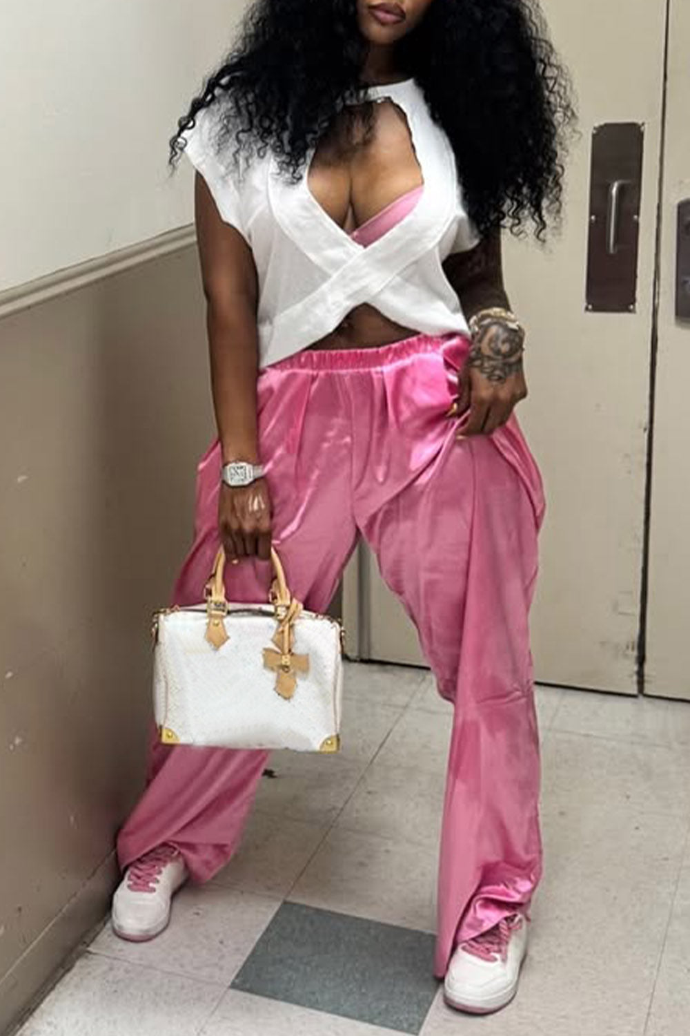 Ursiime Design Daily Pink Wide Leg Casual Satin Pants [Pre-Order]