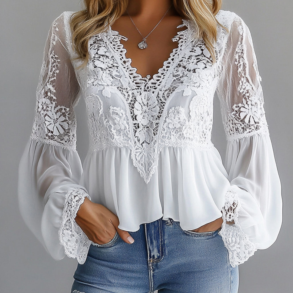 Ursiime Lace Floral Hollow Out V Neck Lantern Sleeve Blouse