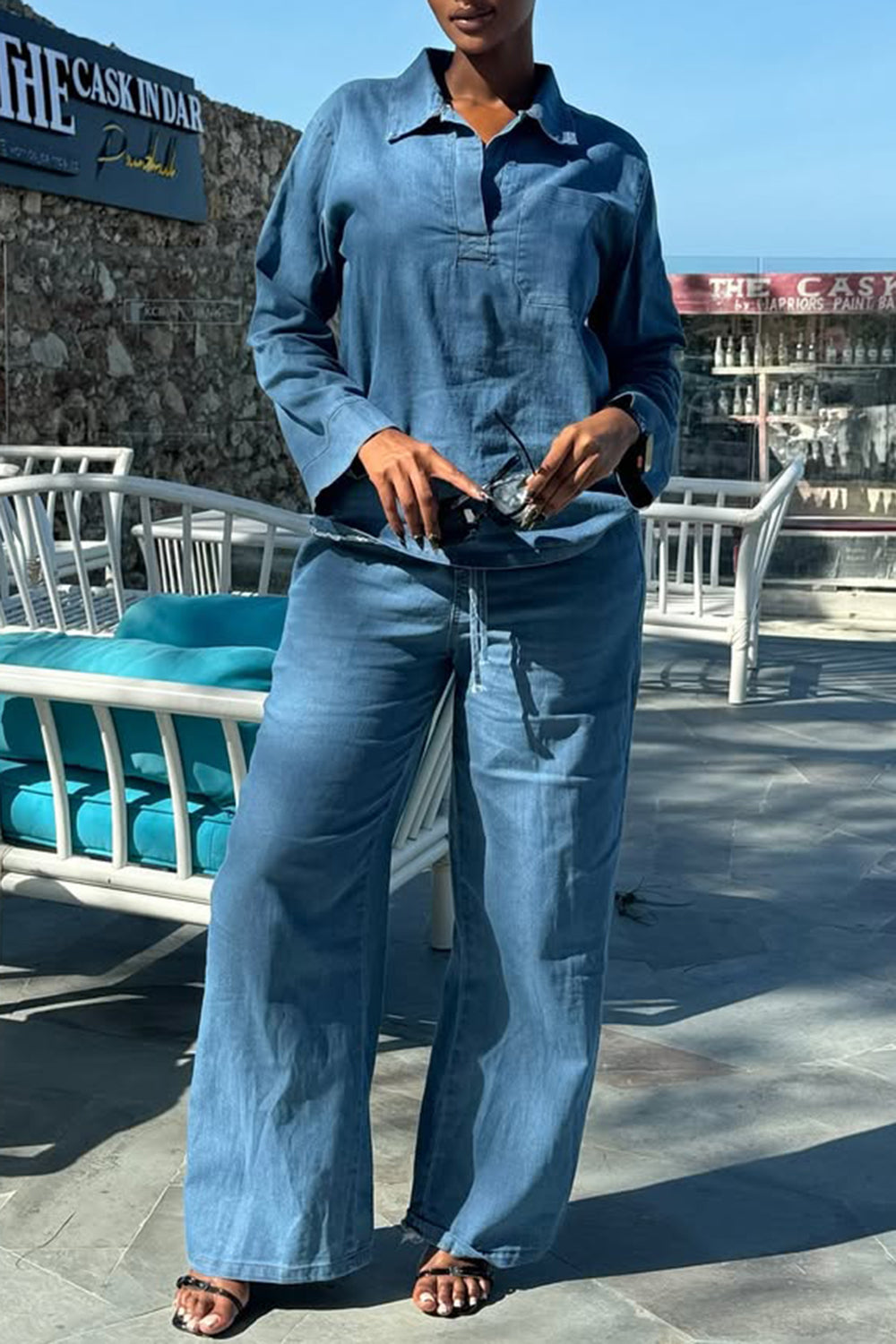 Ursiime Design Business Casual Blue Shirt Collar Long Sleeve Pocket Casual Tencel Denim Two Piece Pant Sets [Pre-Order]