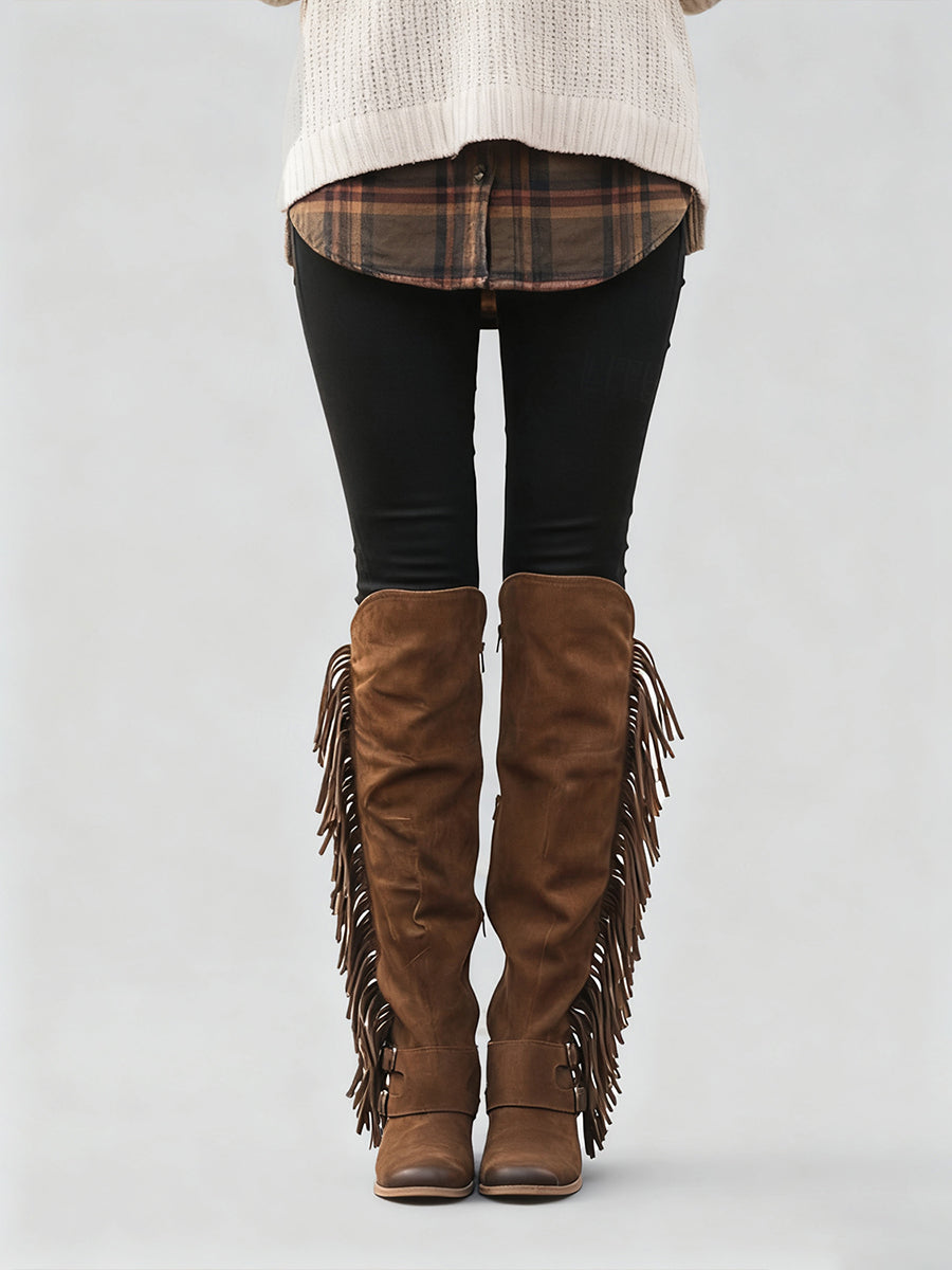 Western Brown Suede Double Buckle Straps Fringe Over-The-Knee Boots