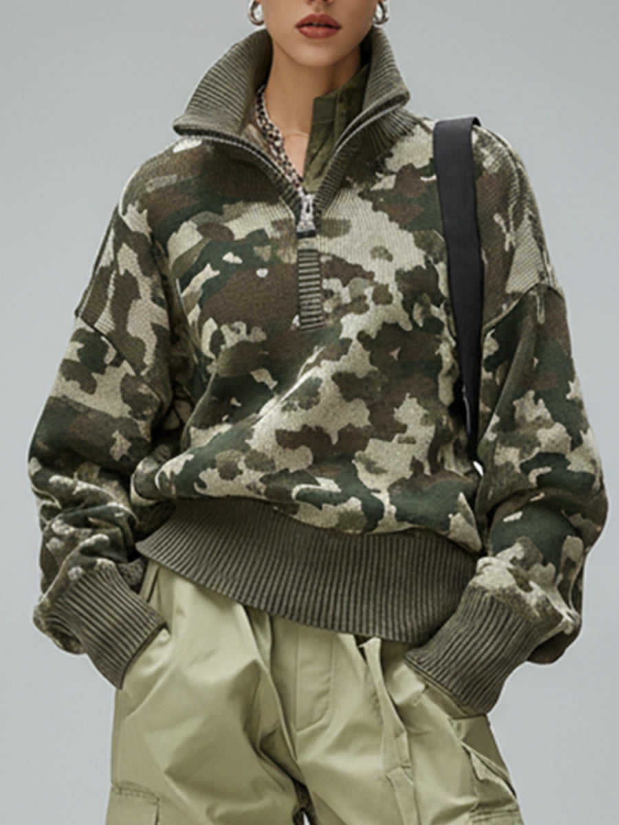 Ursiime Daily Army Green Camo High Collar Long Sleeve Zipper Casual Sweaters