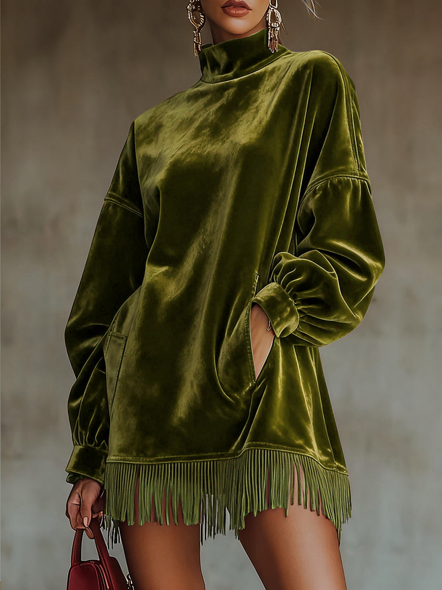 Ursiime Party Burgundy High Collar Long Sleeve Strappy Elegant Pocket Velvet Mini Dresses