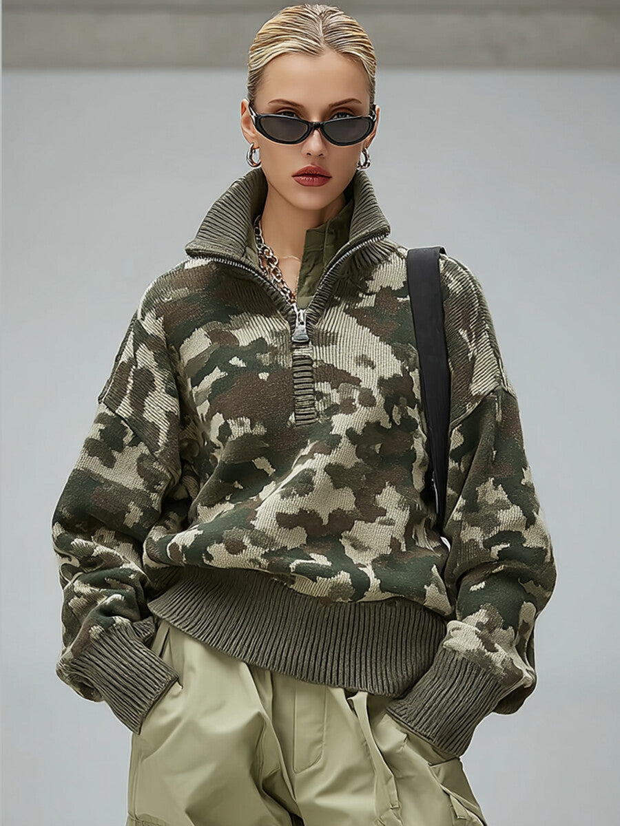 Ursiime Daily Army Green Camo High Collar Long Sleeve Zipper Casual Sweaters