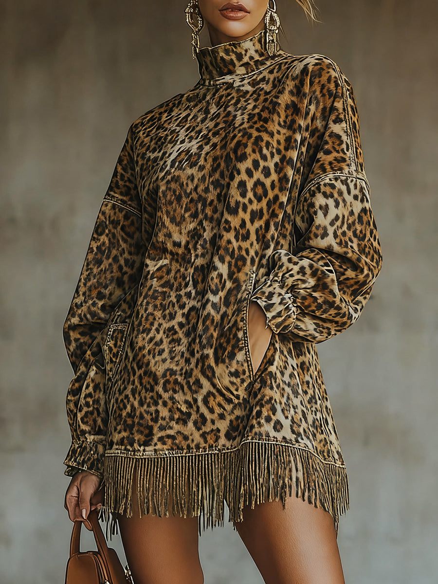 Ursiime Party Khaki Leopard Print High Neck Lantern Sleeve Pocket Fringe Hem Mini Dress