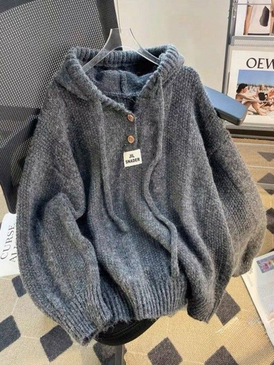 Casual Apricot Knitted Long Sleeve Half Button Drawstring Hooded Sweater