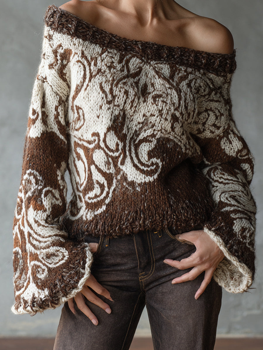 Ursiime Daily Brown Paisley Off The Shoulder Flare Long Sleeve Jacquard Casual Crochet Sweaters