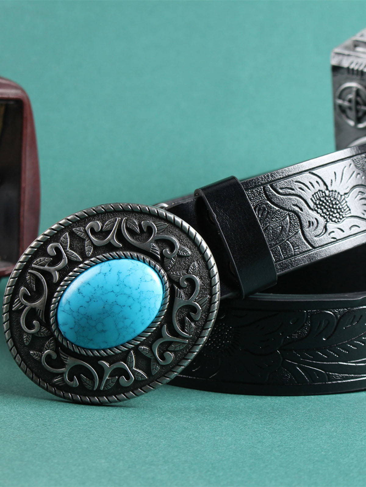 Retro Resin Imitation Gemstone Embossed Belt