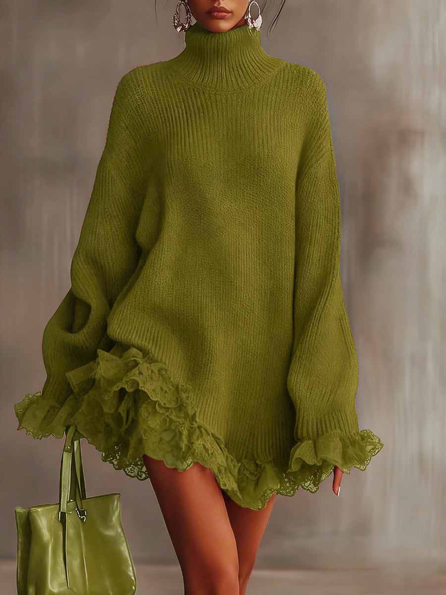 Ursiime Party Lace Burgundy High Collar Long Sleeve Ruffle Vintage Contrast Knitted Mini Dresses [Pre-Order]